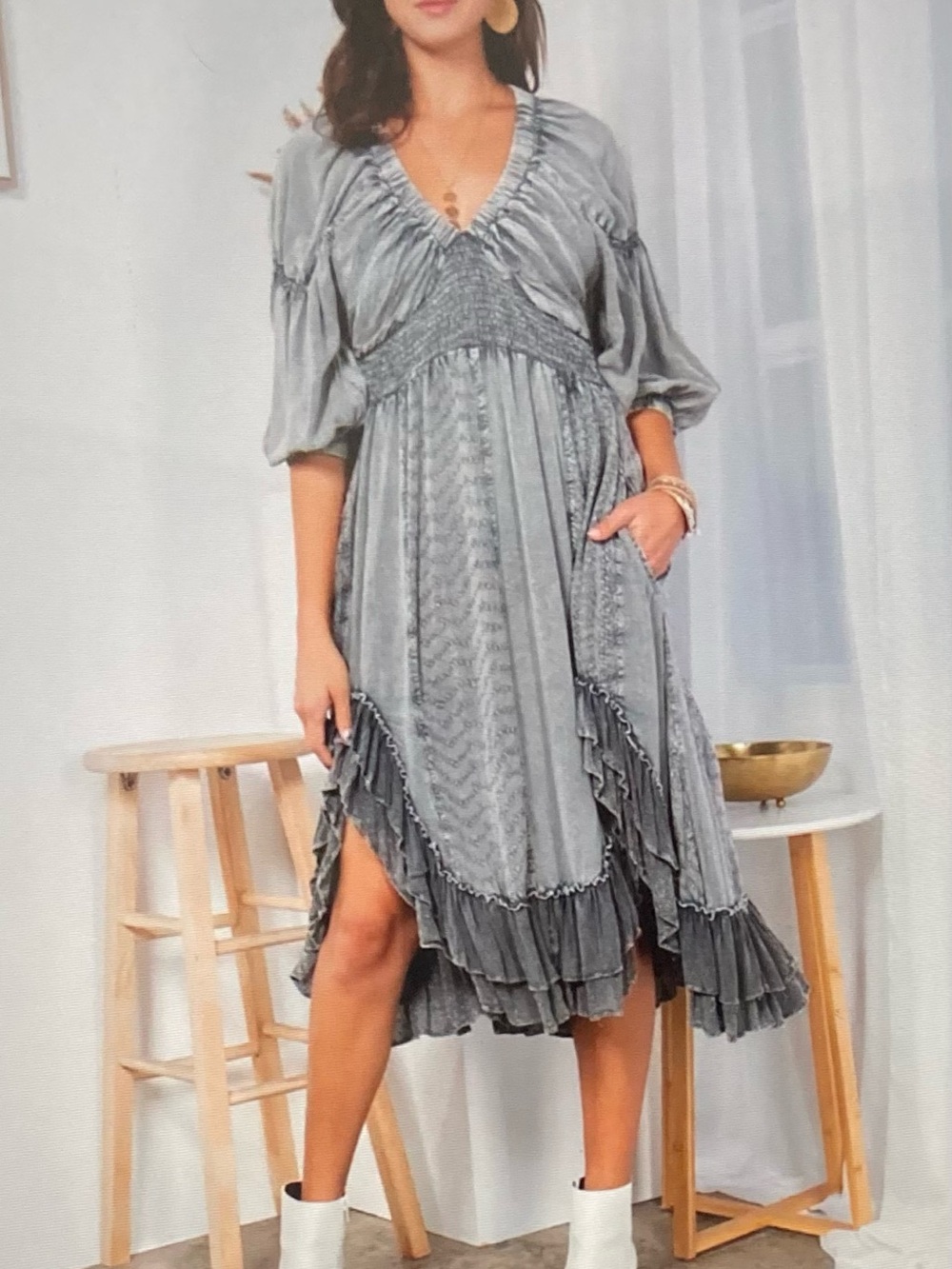 Young Threads Boho Gray Ruffled Midi Dress